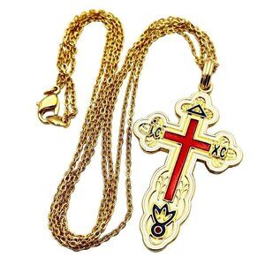 Camrose Kross Necklace Jackie Kennedy JBK Gold Red Enamel Cross Pendant